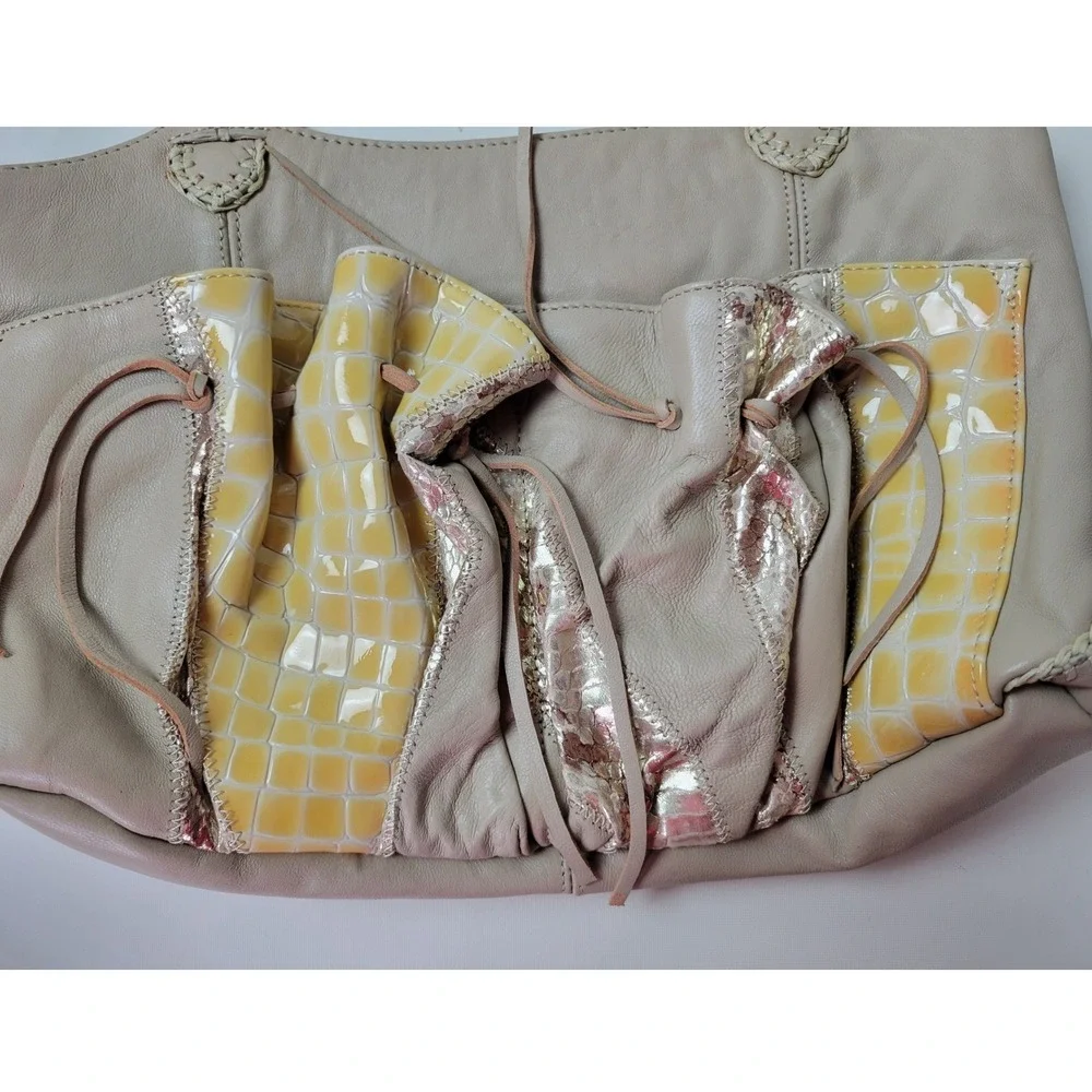 Chi‎ Snake Collage Satchel Bag Taupe Leather Patent Whipstitch Shoulder Bag